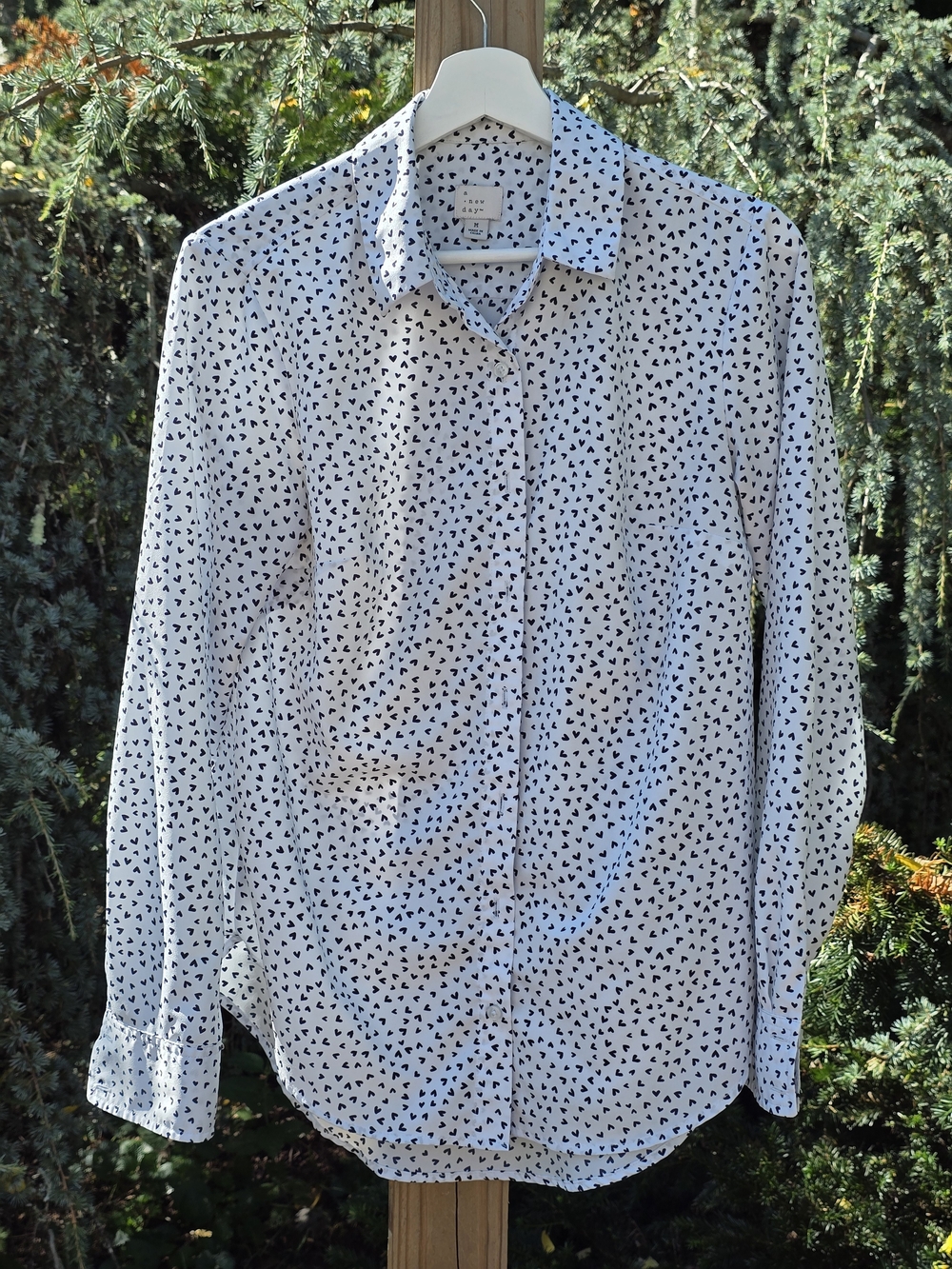 a new day White Button-Up Blouse with Black Heart Print